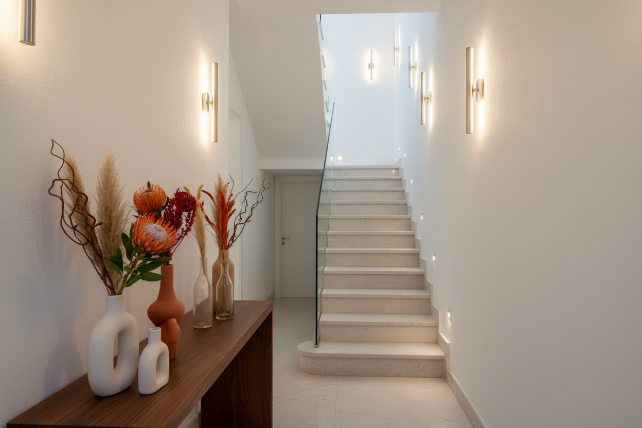 Fotografia realistica di un interno elegante e minimal di un Bed & Breakfast. Inquadratura di un corridoio con scala in marmo chiaro che sale sullo sfondo. Pareti bianche pulite, luce morbida e calda da applique a parete. In primo piano un mobile in legno scuro con decorazioni: vasi moderni in ceramica e vetro con fiori secchi dai toni caldi (arancio, rosso, beige). Stile contemporaneo, ordinato e raffinato. Atmosfera accogliente, silenziosa e curata. Fotografia professionale, alta risoluzione, realismo ele